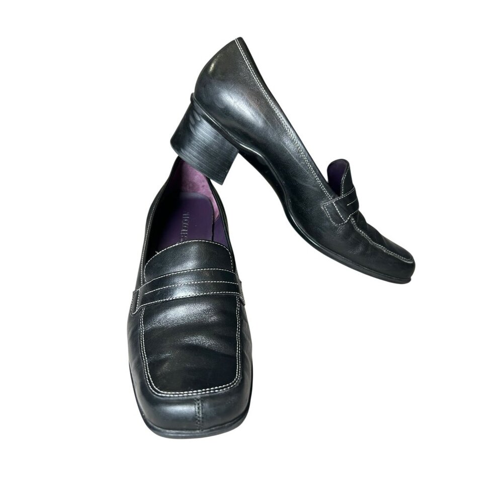 Aerosoles Loafer Leather Shoes School Daze Black Women's Sz 10 Chunky Block Heel